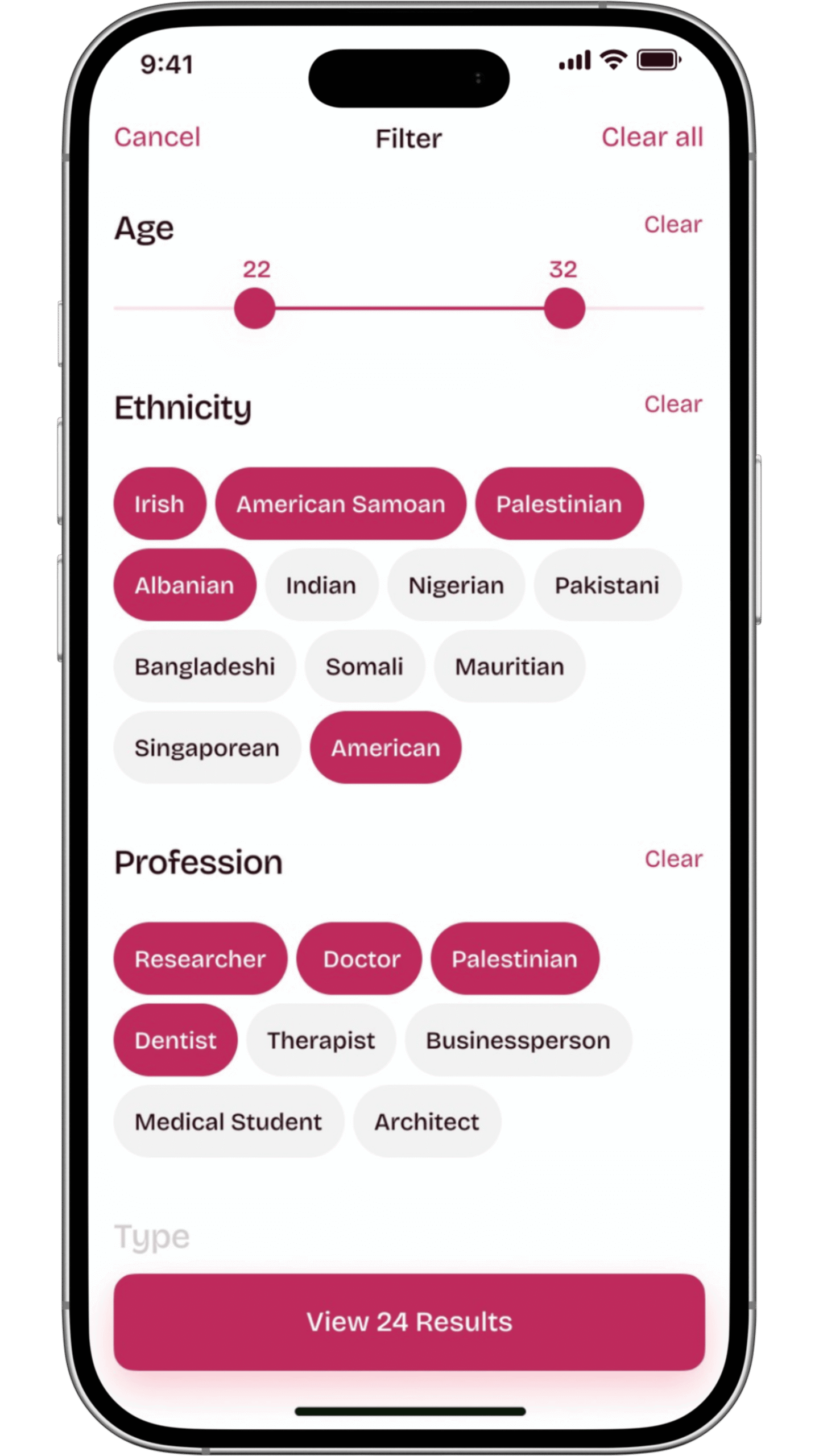Filter screen on the Healthy Nikah app interface, allowing users to refine their Muslim matrimony search based on personal values and preferences. The screen displays adjustable criteria for age, ethnicity, and profession, including specific options like Doctor, Dentist, and Medical Student, to find compatible matches on thhis muslim dating app.