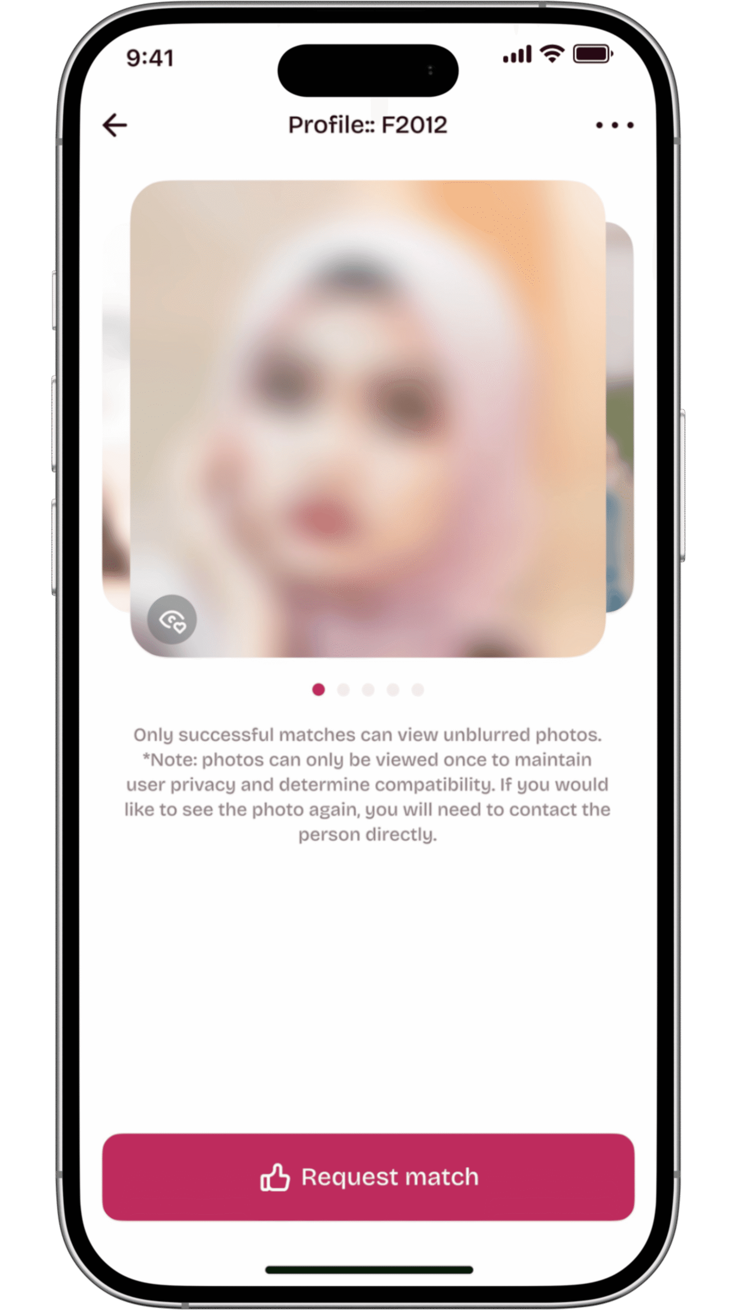 Profile viewing screen on the Healthy Nikah app featuring a blurred user photo to maintain Islamic privacy and modesty. The screen displays a prominent "Request match" button, allowing users to initiate a connection on this serious Muslim matrimony platform only after reviewing profile details.