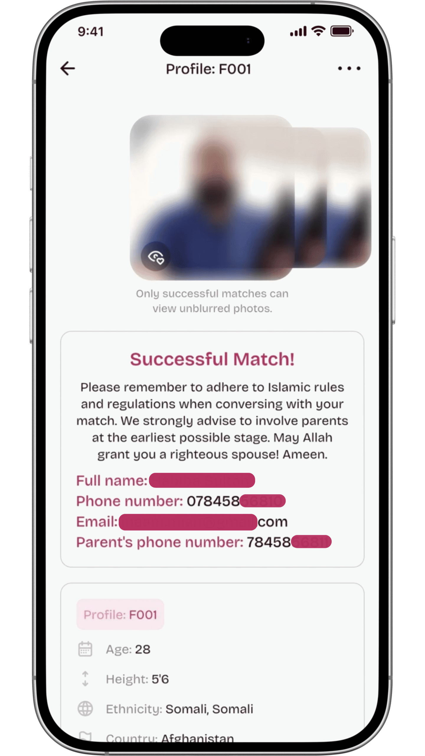 An iPhone mockup showcasing a 'Successful Match' screen on the Healthy Nikah app, where two compatible users have connected for marriage. The interface illustrates the effective matchmaking journey of this Shariah-compliant Muslim marriage app, blending professional Muslim dating with the values of serious Islamic matrimony.