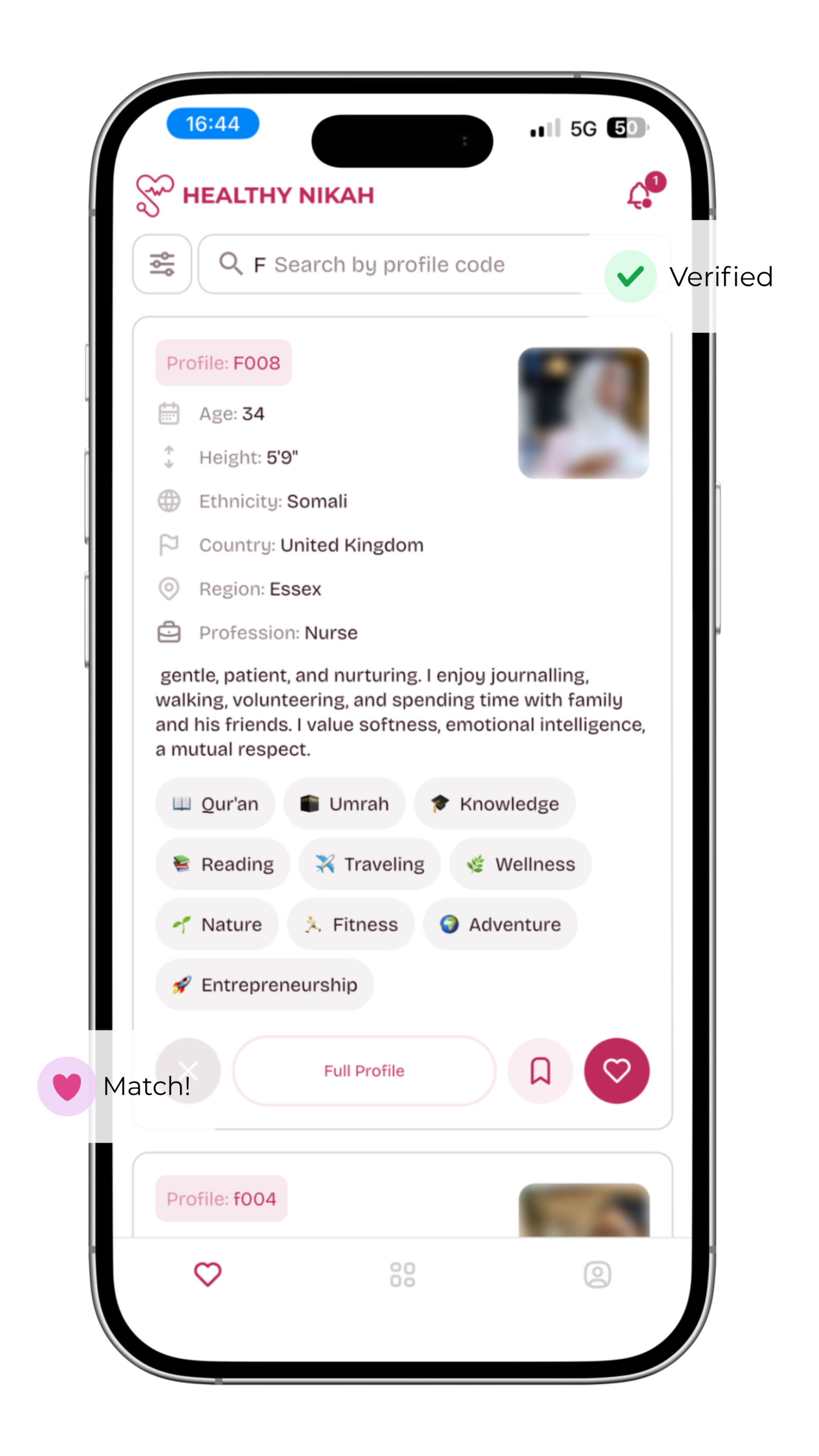 The home page of the Healthy Nikah app displayed on an iPhone mockup, featuring a search interface with verified user profiles on this dedicated Muslim marriage app. The UI highlights privacy-first matchmaking with blurred photos and 'Verified' status badges, designed to facilitate secure and sincere Muslim matrimony.