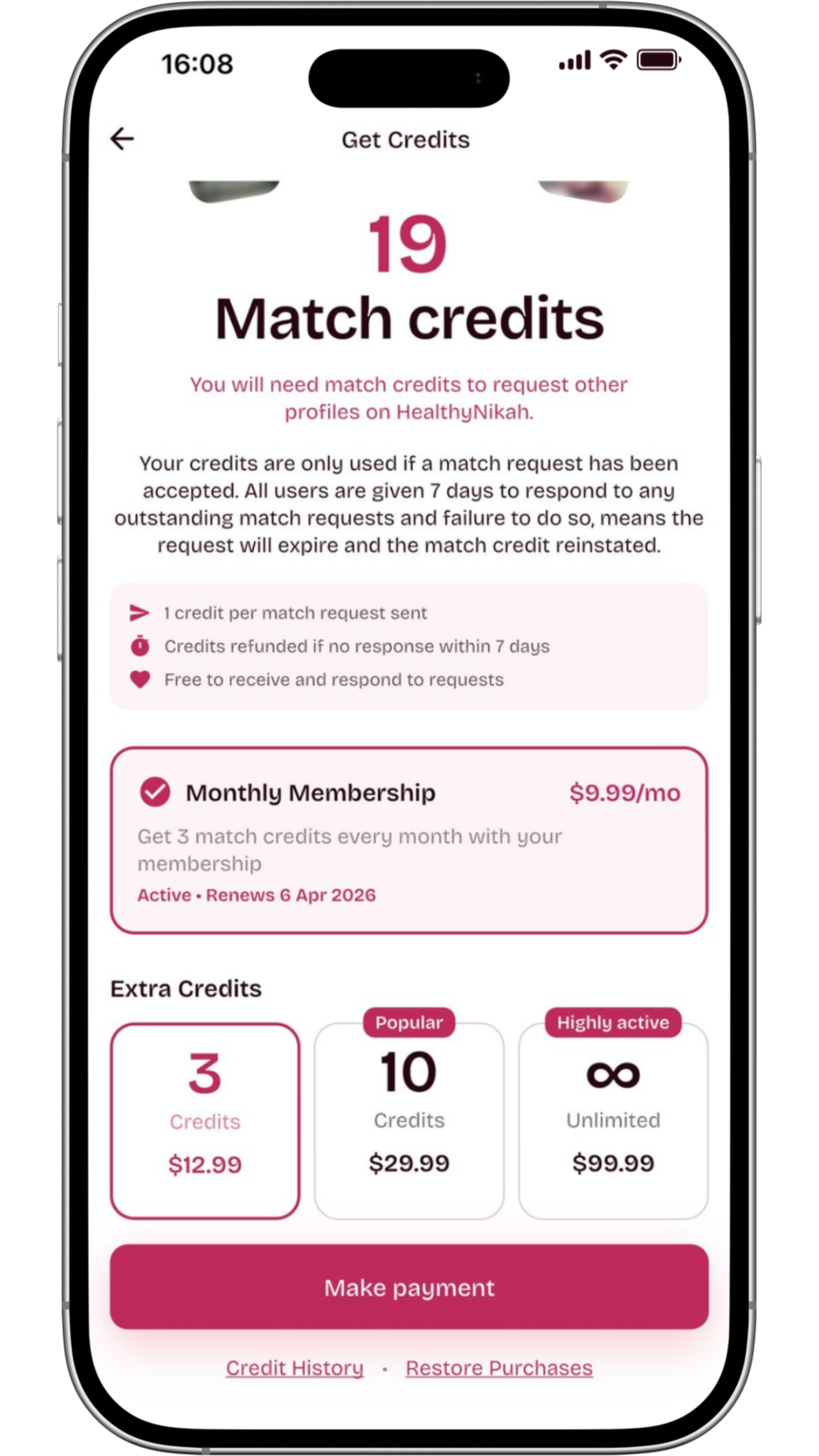 An iPhone mockup of the 'Get Credits' screen in the Healthy Nikah muslim dating app, detailing the transparent match credit system for this serious Muslim marriage app. The interface explains a fair-use policy where credits are only deducted upon an accepted match request, helping users find sincere connections on a Shariah-compliant matrimony platform.