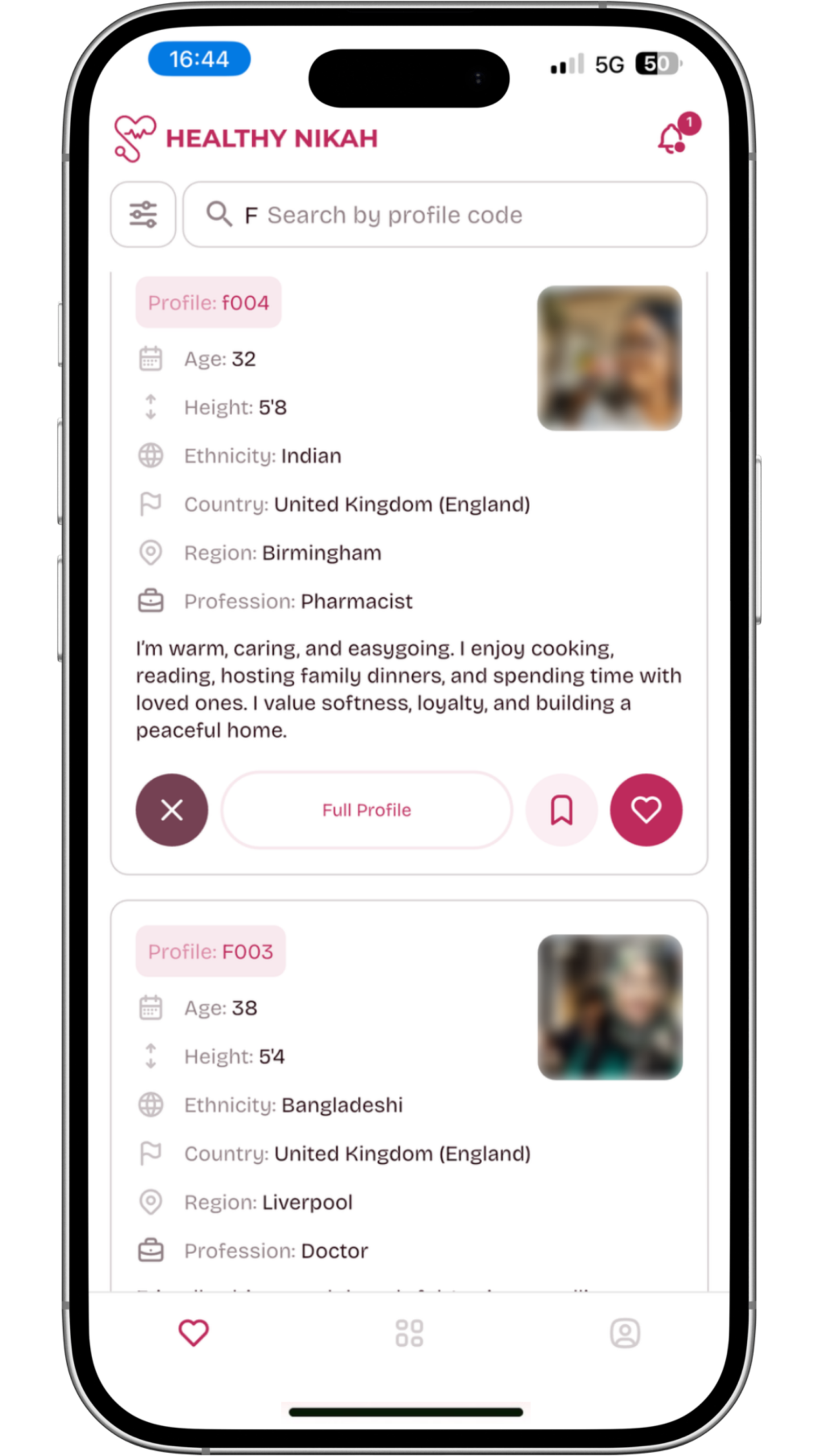 Detailed user profile on the Healthy Nikah app showing app users. The Shariah-compliant interface displays education and profession while keeping photos private to ensure a secure Muslim marriage search.
