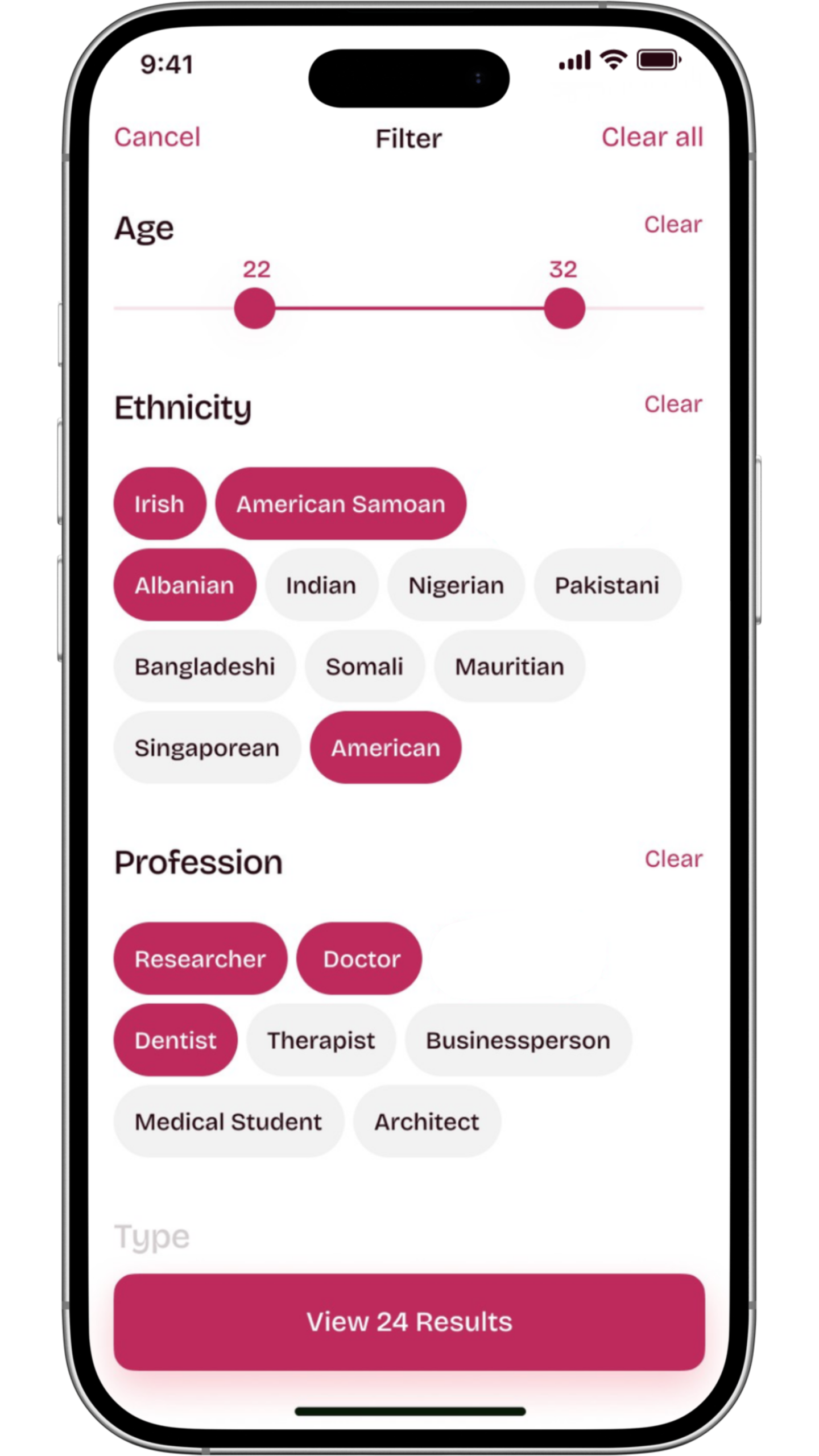 Filter screen on the Healthy Nikah app interface, allowing users to refine their Muslim matrimony search based on personal values and preferences. The screen displays adjustable criteria for age, ethnicity, and profession, including specific options like Doctor, Dentist, and Medical Student, to find compatible matches on thhis muslim dating app.