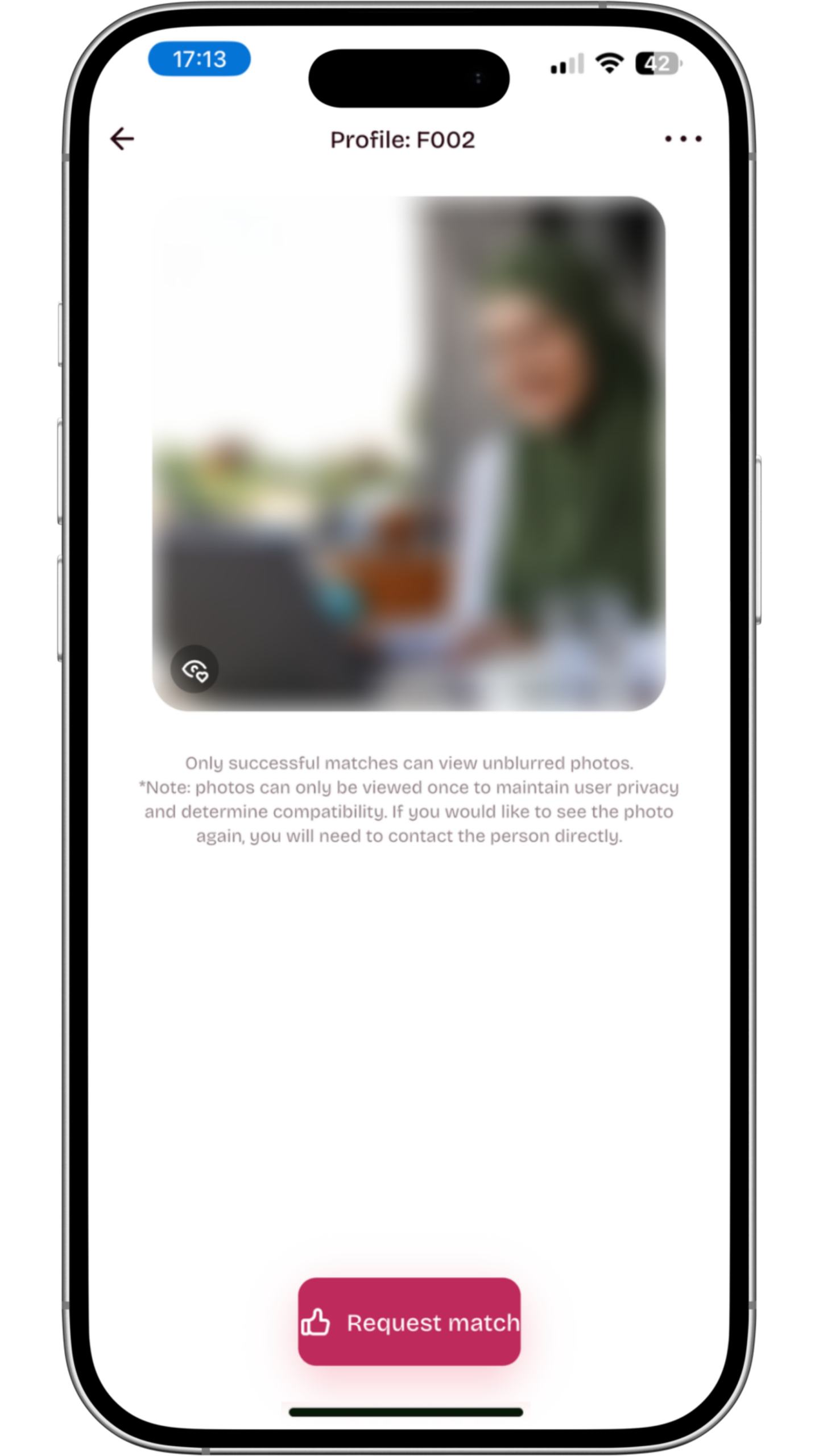 Profile viewing screen on the Healthy Nikah app featuring a blurred user photo to maintain Islamic privacy and modesty. The screen displays a prominent "Request match" button, allowing users to initiate a connection on this serious Muslim matrimony platform only after reviewing profile details.