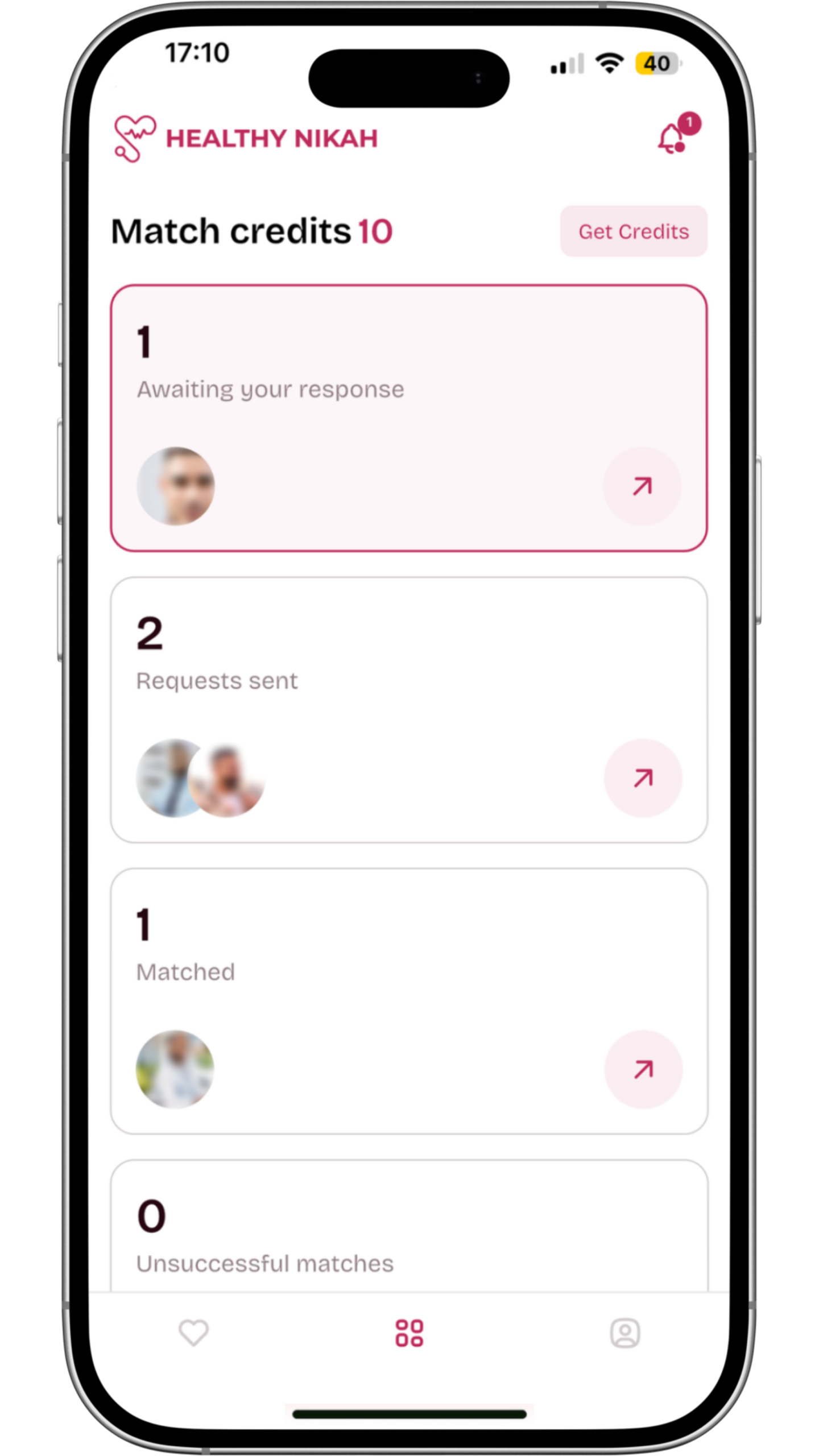 Match management dashboard on the Healthy Nikah app showing match credits, success rates, and profile activity. This serious Muslim matrimony interface helps healthcare professionals track their marriage requests and successful matches within a Shariah-compliant environment.