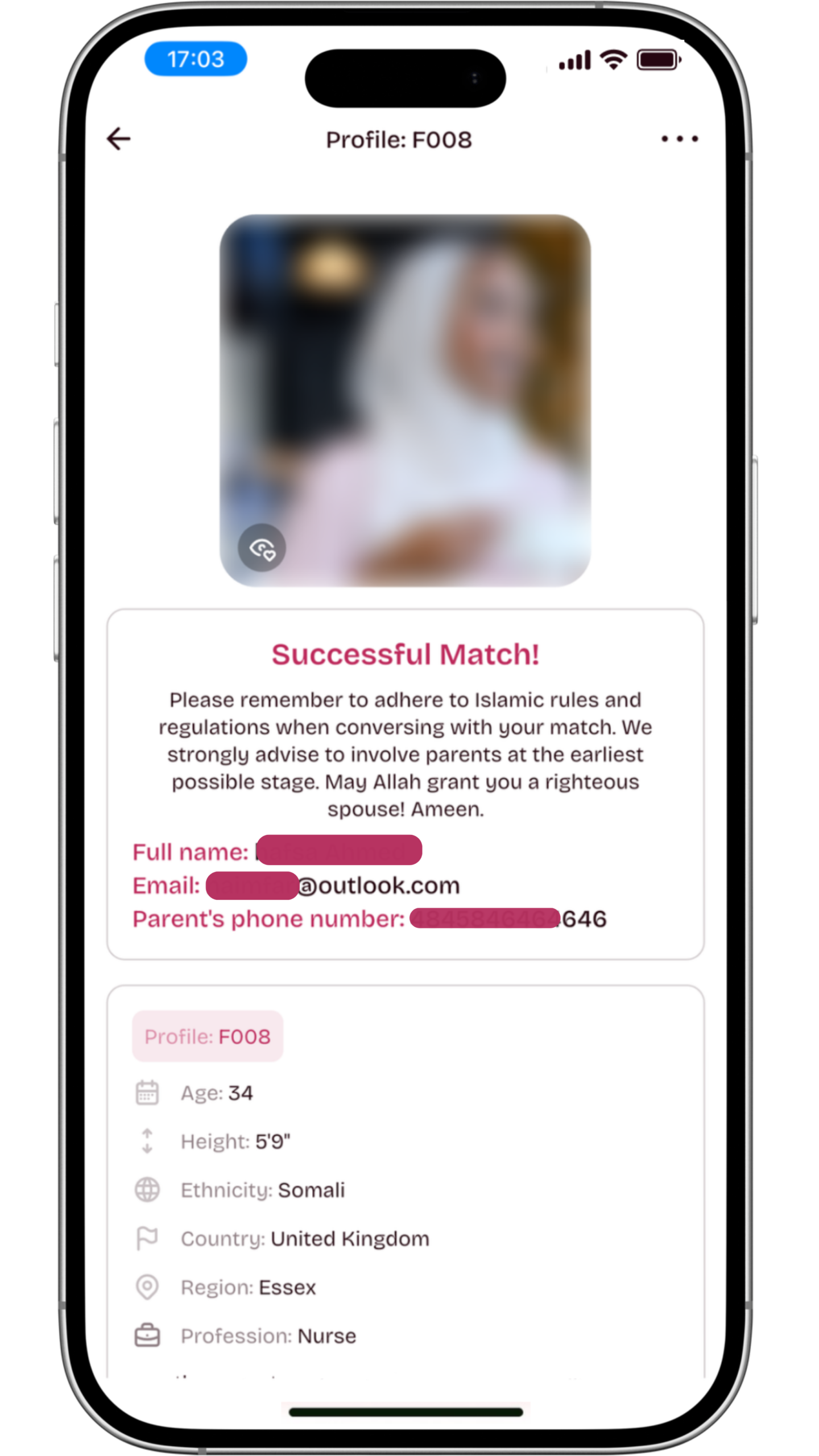 An iPhone mockup showcasing a 'Successful Match' screen on the Healthy Nikah app, where two compatible users have connected for marriage. The interface illustrates the effective matchmaking journey of this Shariah-compliant Muslim marriage app, blending professional Muslim dating with the values of serious Islamic matrimony.